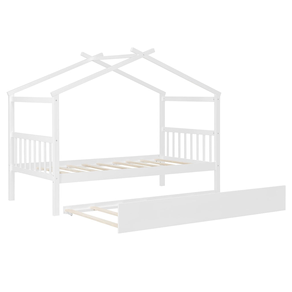 Merax Twin Size Wooden House Bed with Two Drawers, Wood Bed Frame with Roof for Kids, Teens, Boys or Girls, Grey