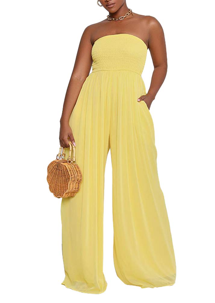 Ophestin Women's Strapless Tube Wide Leg Jumpsuits Smocked Women Jumpsuits Dressy Casual Flowy One Piece Jumpsuits Rompers