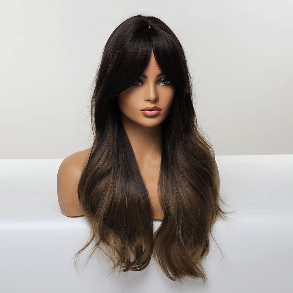 HAIRCUBE Auburn Wigs for Women,Long Layered Orange Wigs with Bangs Heat Resistant Synthetic Fibre Wigs(pelucas de cabello natural)