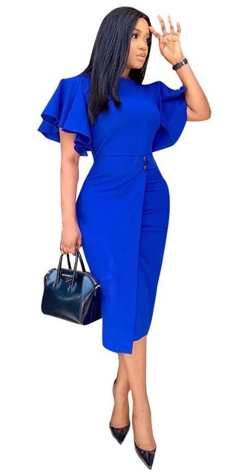 Ekaliy Women's Ruffle Sleeve Vintage Bodycon Peplum Business Formal Work Pencil Dress