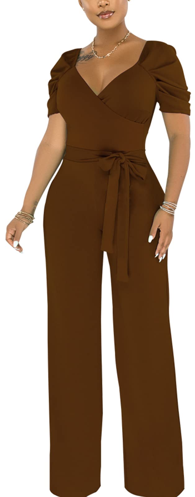 PaladMom Womens Elegant Plus Size Jumpsuits Sexy Back zipper Short Sleeve Mid Waist Wide Leg Straight Rompers