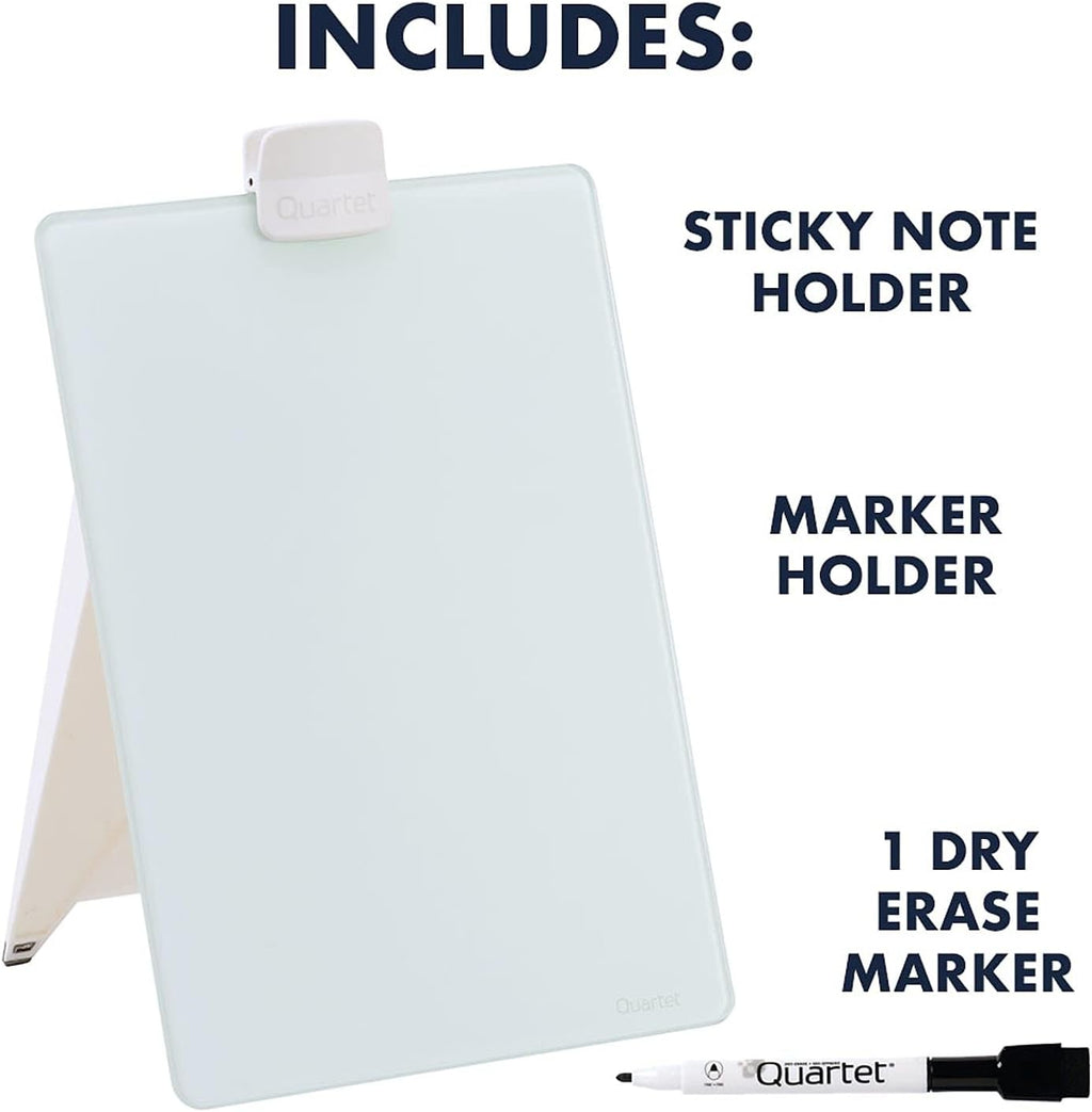 Quartet Dry Erase White Board 9"W x 11"H Desktop Glass Pad with Removable Clip and Marker, White (GDE119)