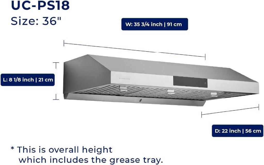 Hauslane Range Hood 36 Inch - Under Cabinet Range Hood, Stainless Steel Hood, Vent Hood 36 Inches, Stove Vent Hood for Kitchen, Kitchen Vent Hoods 36 Inch with LED - Chef Series PS18
