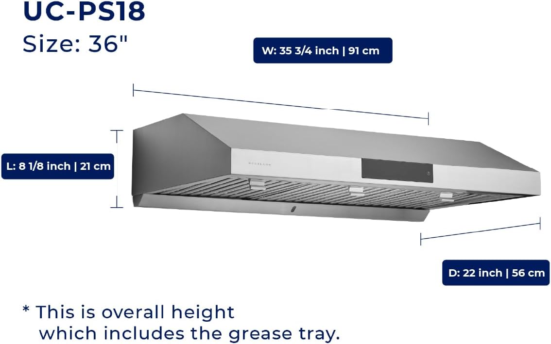 Hauslane Range Hood 36 Inch - Under Cabinet Range Hood, Stainless Steel Hood, Vent Hood 36 Inches, Stove Vent Hood for Kitchen, Kitchen Vent Hoods 36 Inch with LED - Chef Series PS18