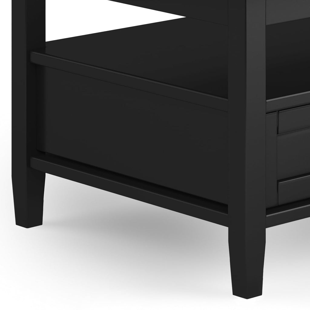 SIMPLIHOME Warm Shaker Coffee Table - 48 inch Wide Solid Wood Coffee Table in Black, Transitional Living Room Table with 2 Drawers, Open Shelf, Shaker Fronts and Tapered Legs