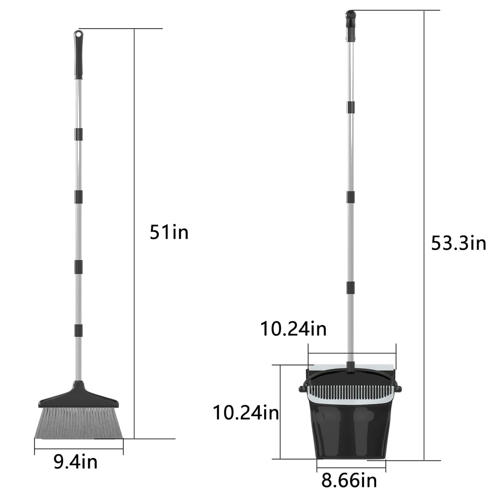 Broom with Dustpan Combo Set 54” Long Handle Household Dust Pan for Home Office Kitchen Cleaning （Black & Grey）