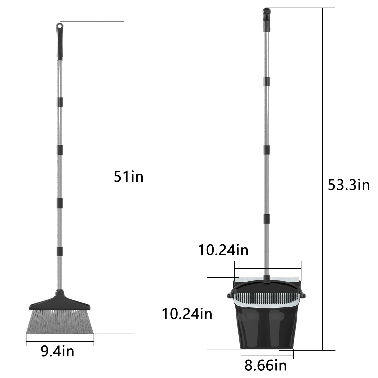 Broom with Dustpan Combo Set 54” Long Handle Household Dust Pan for Home Office Kitchen Cleaning （Black & Grey）