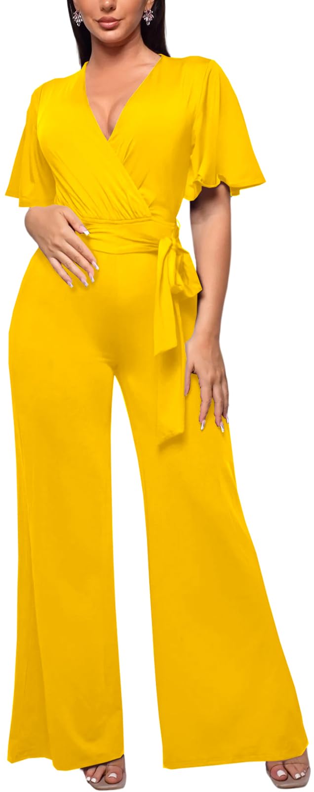 PaladMom Womens Elegant Plus Size Jumpsuits Sexy Back zipper Short Sleeve Mid Waist Wide Leg Straight Rompers