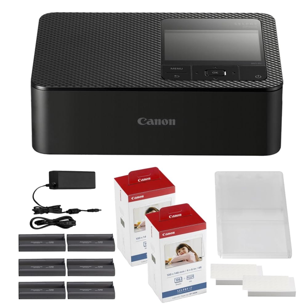 Canon SELPHY CP1500 Compact Photo Printer | Black with KP-108IN Color Ink and Paper Set (2 Items)
