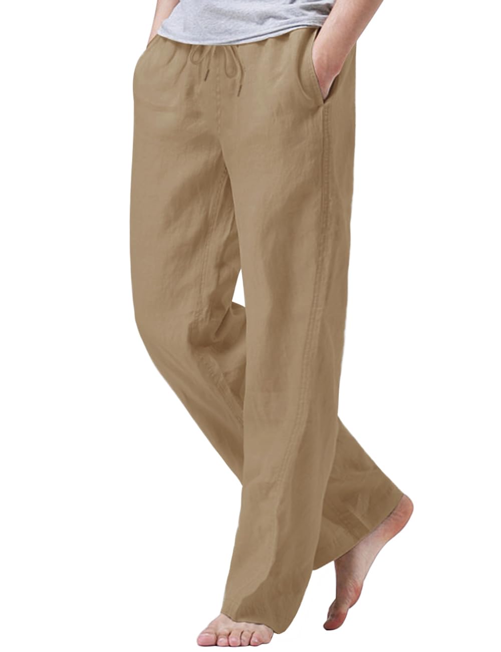 iWoo Linen Pants Men Casual 2025 Summer Beach Elastic Drawstring Waist Yoga Pants Travel Baggy Work Pant Pajama