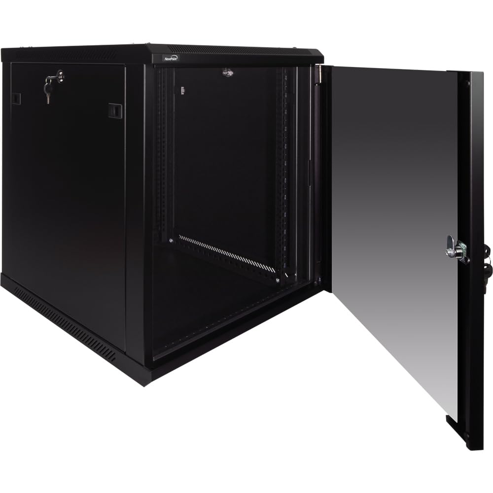 NavePoint 12U Server Rack Enclosure - 23.6” Deep, Wall Mount Network Cabinet with Locking Glass Door for 19” IT Equipment, Network Rack with 2 Fans, Removable Side Panels, Black