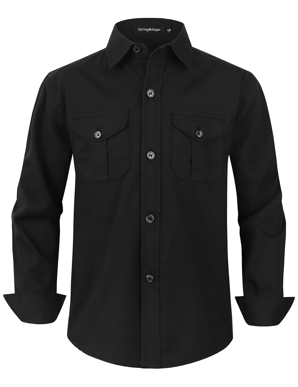 Spring&Gege Boys' Long Sleeve Button Down Shirt for Kids Woven Solid Two Pockets