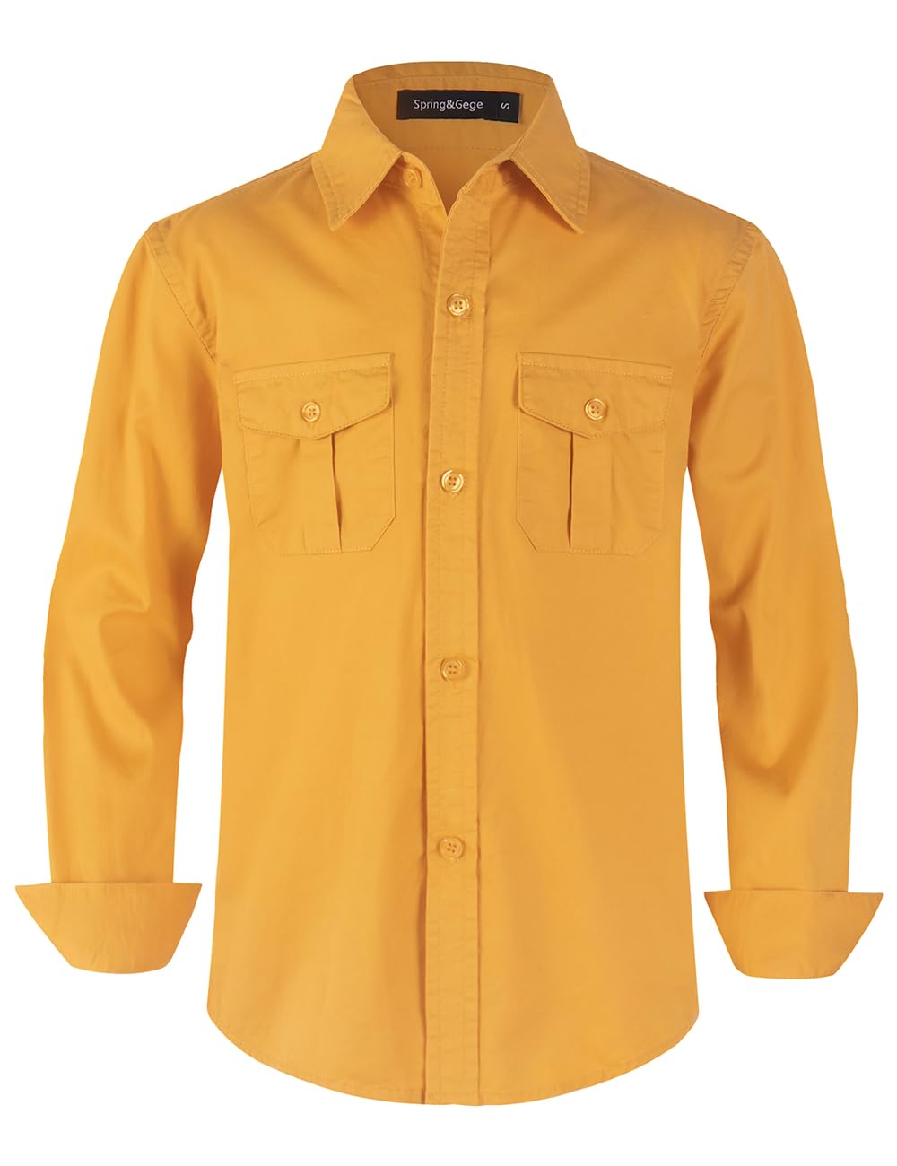 Spring&Gege Boys' Long Sleeve Button Down Shirt for Kids Woven Solid Two Pockets