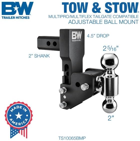 B&W Trailer Hitches MultiPro Tow & Stow Adjustable Trailer Hitch Ball Mount Compatible with MultiPro Tailgate - Fits 2" Receiver, Dual Ball (2" x 2-5/16"), 4.5" Drop, 10,000 GTW -TS10065BMP