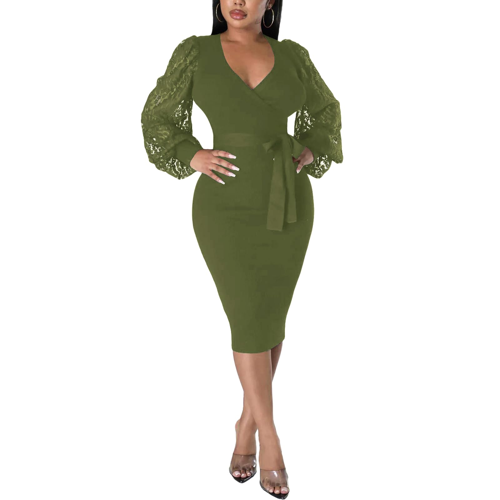 BOGURST Semi Formal Church Dresses for Women Bishop Sleeve Sexy V Neck Bodycon Midi Dresses