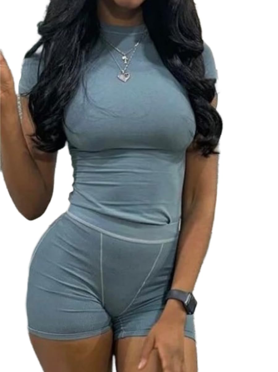 AYWA Two Piece Outfits for Women Fitted Crew Neck T-shirt High Waist Leggings Biker Shorts Matching Sets Streetwear