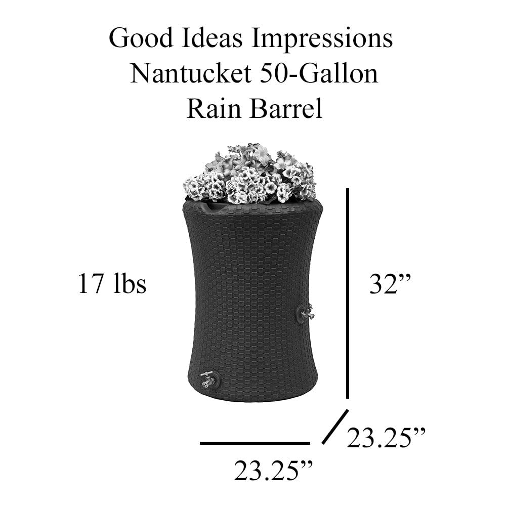 Good Ideas Impressions 50 Gallon Nantucket Outdoor Home Rain Barrel Water Storage Collector with Garden Planter and Brass Spigot, Black (2 Pack)
