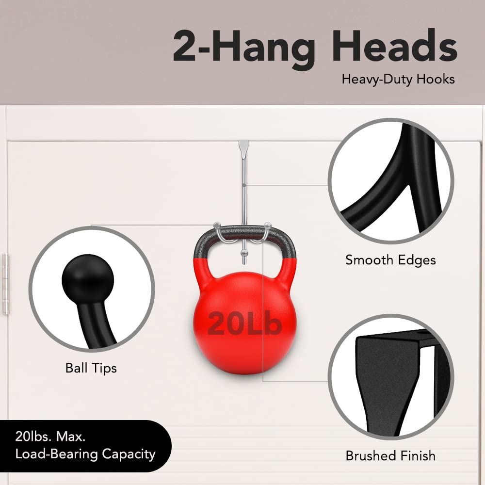 2-Pack Over The Door Hooks - with 2 Hang Heads & Snug Fit Pads Heavy Duty Hook for Hanging Coats, Towels, Caps & Robes - Elegant Matt Finish - No Drill Hanger Organizer - Black
