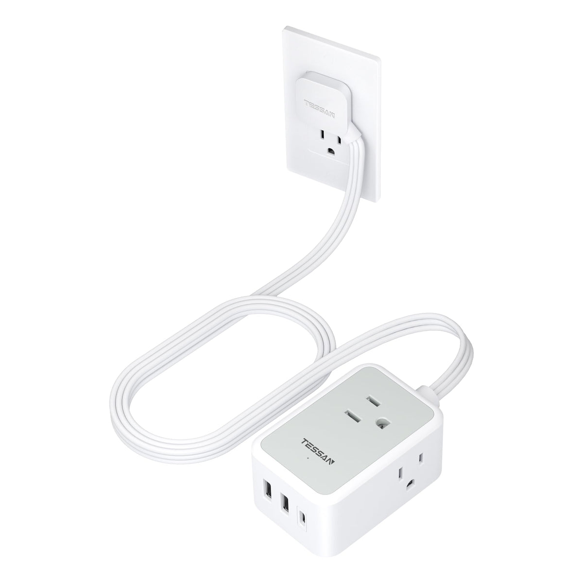 TESSAN Small Flat Plug Power Strip, Ultra Thin Extension Cord 5 ft, 3 AC Outlets with 3 USB Ports (1 USB C), Multiple Wall Outlet Extender for Cruise Travel Office School Dorm Room Essentials, Black