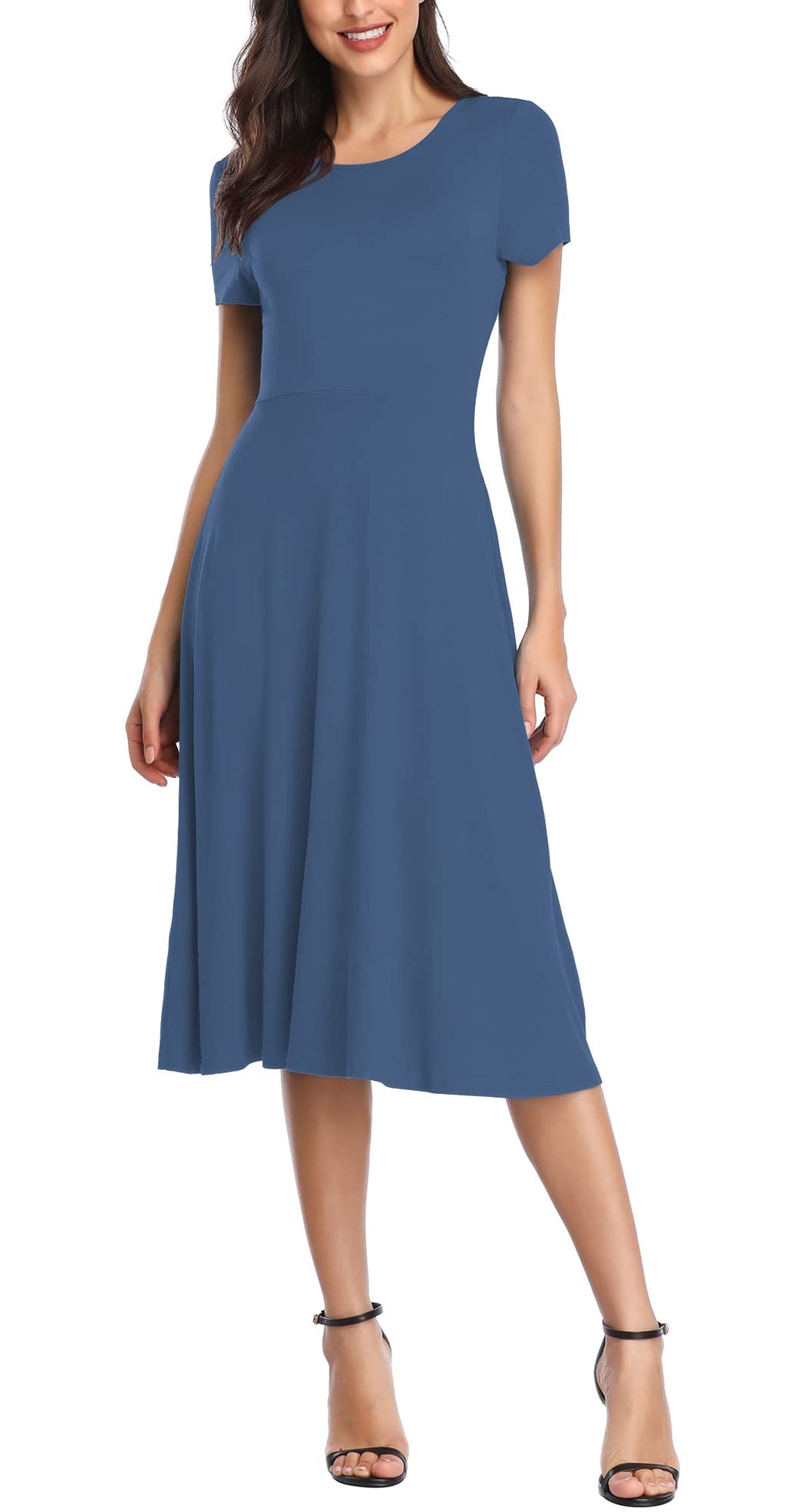 Urban CoCo Women's Vintage Short Sleeve High Waist Flared Midi Casual Summer Dress