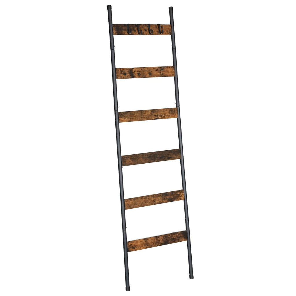 HOOBRO Blanket Ladder, 5-Tier Towel Rack with Hooks, Wall-Leaning Blanket Rack, Decorative Display Ladder Shelf, Scarves, Industrial, Living Room, Bedroom, Black BB52CJ01