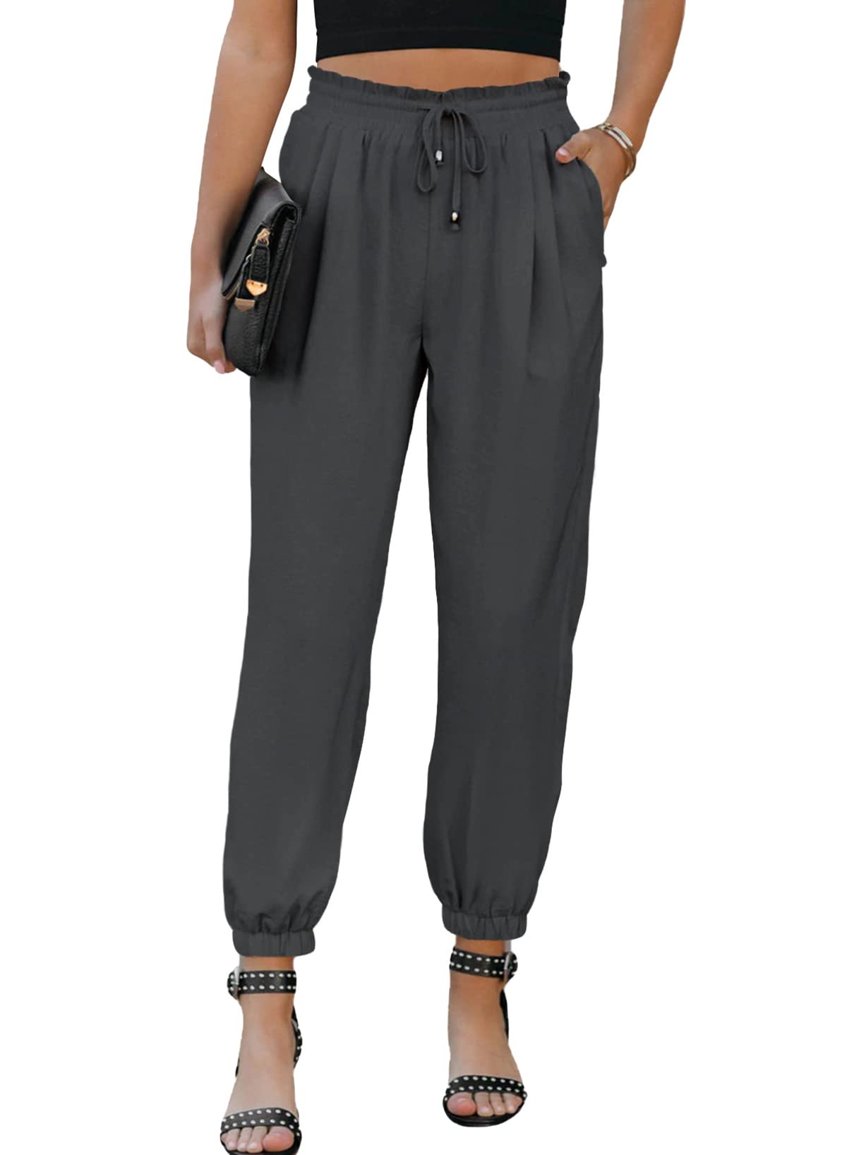 EVALESS Womens 2026 Summer Casual Pants Drawstring Elastic High Waisted Work Trousers Joggers Trendy Harem Pants with Pockets