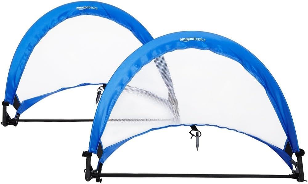 Amazon Basics Portable Pop Up Soccer Goal Set for Kids, Training Equipment, Outdoor Sports Games, Backyard Soccer, Blue, 2-Pack