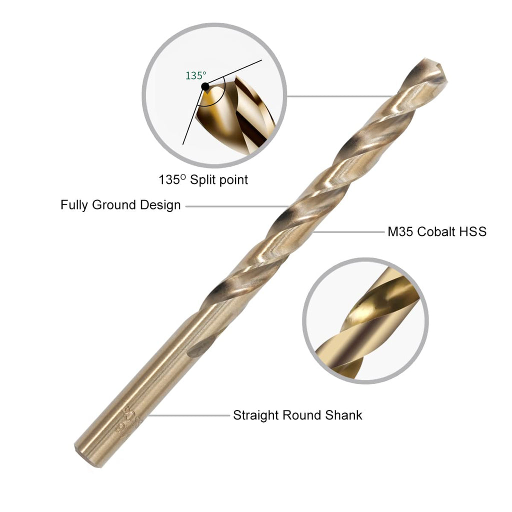 GMTOOLS 13Pcs Cobalt Drill Bits Set, M35 HSS 135 Degree Tip, Twist Jobber Length Drill Bit Kit for Hardened Metal, Cast Iron, Stainless Steel, Plastic and Wood with Storage Case 1/16"-1/4"