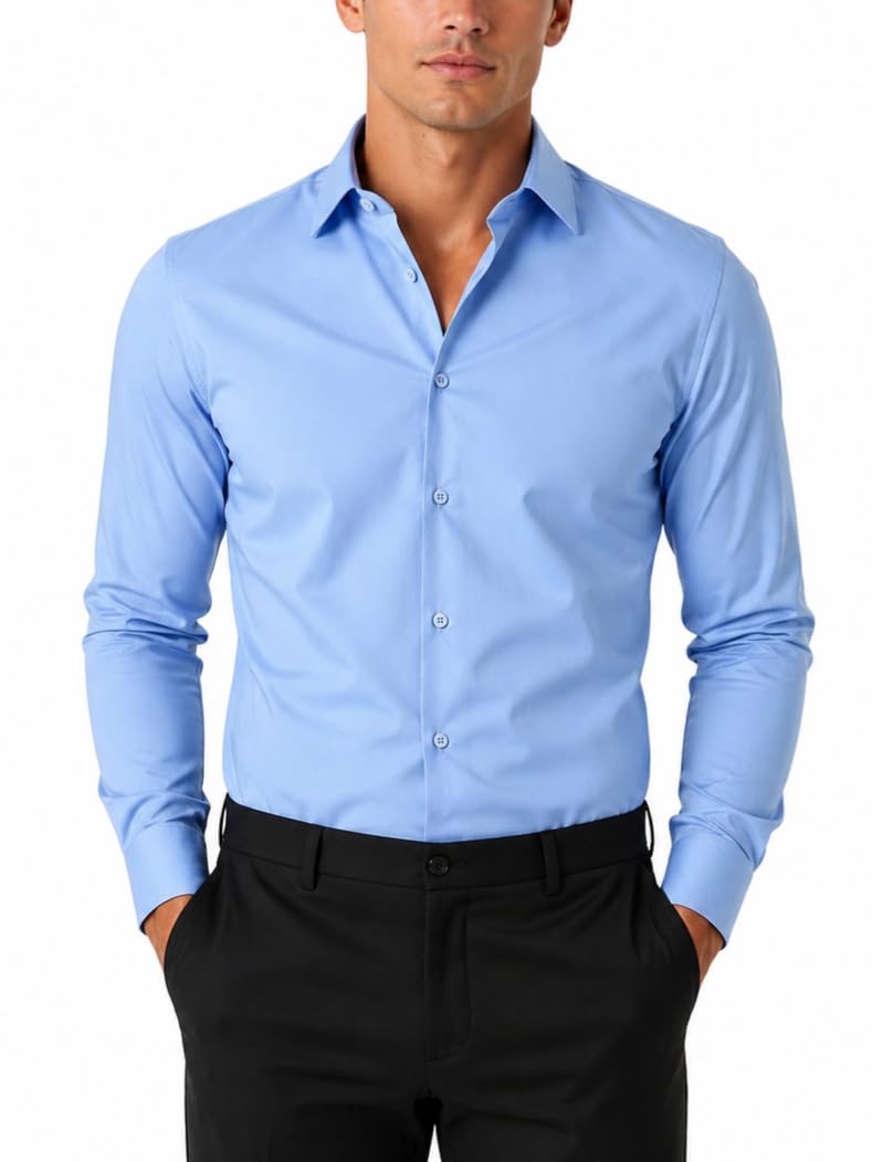 FAHIZO Men's Dress Shirt Casual Regular Fit Stretch Solid Long Sleeve Button Up Shirts