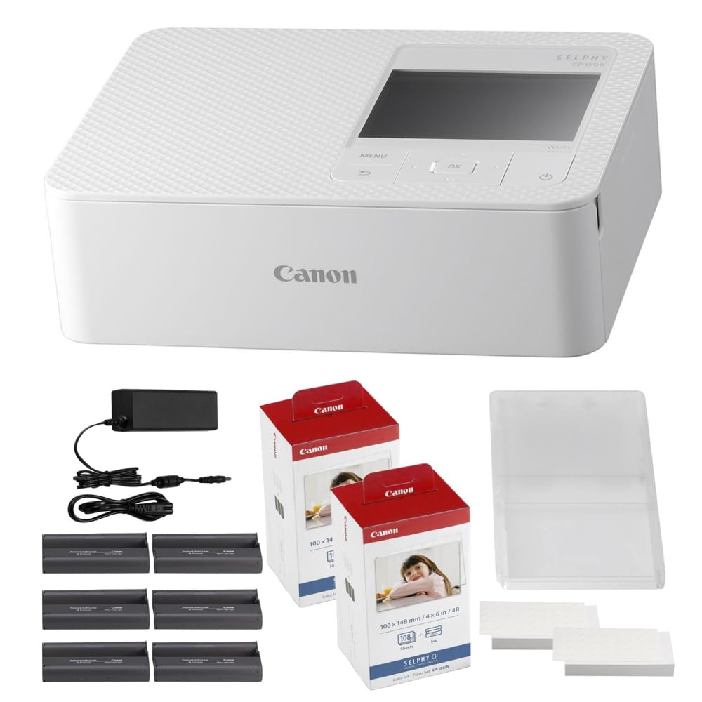 Canon SELPHY CP1500 Compact Photo Printer | Black with KP-108IN Color Ink and Paper Set (2 Items)