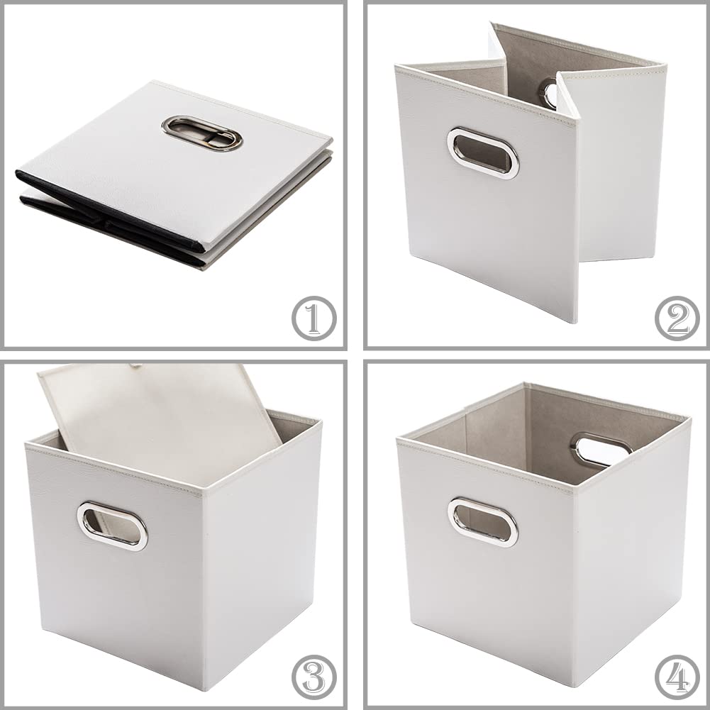 PRANDOM Leather Foldable Cube Storage Bins 11x11 inch [4-Pack] Fabric Storage Baskets Cubes Drawer with Cotton Handles Organizer for Shelves Nursery Closet Bedroom Clothes Black