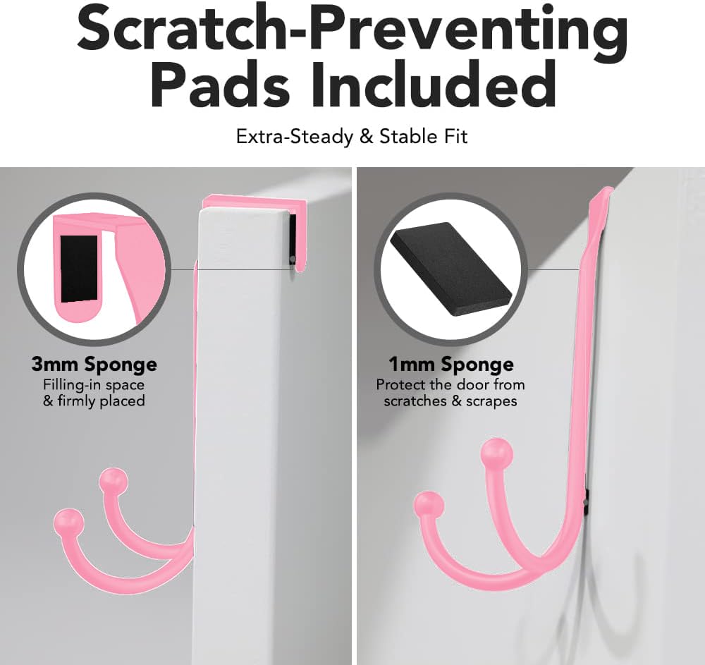 2-Pack Over The Door Hooks - with 2 Hang Heads & Snug Fit Pads Heavy Duty Hook for Hanging Coats, Towels, Caps & Robes - Elegant Matt Finish - No Drill Hanger Organizer - Black