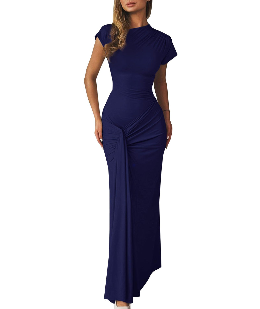 Mojessy Women Bodycon Maxi Dress Sexy Mock Neck Lace Up Bandage Ruched Short Sleeve Long Dress Cocktail Dress