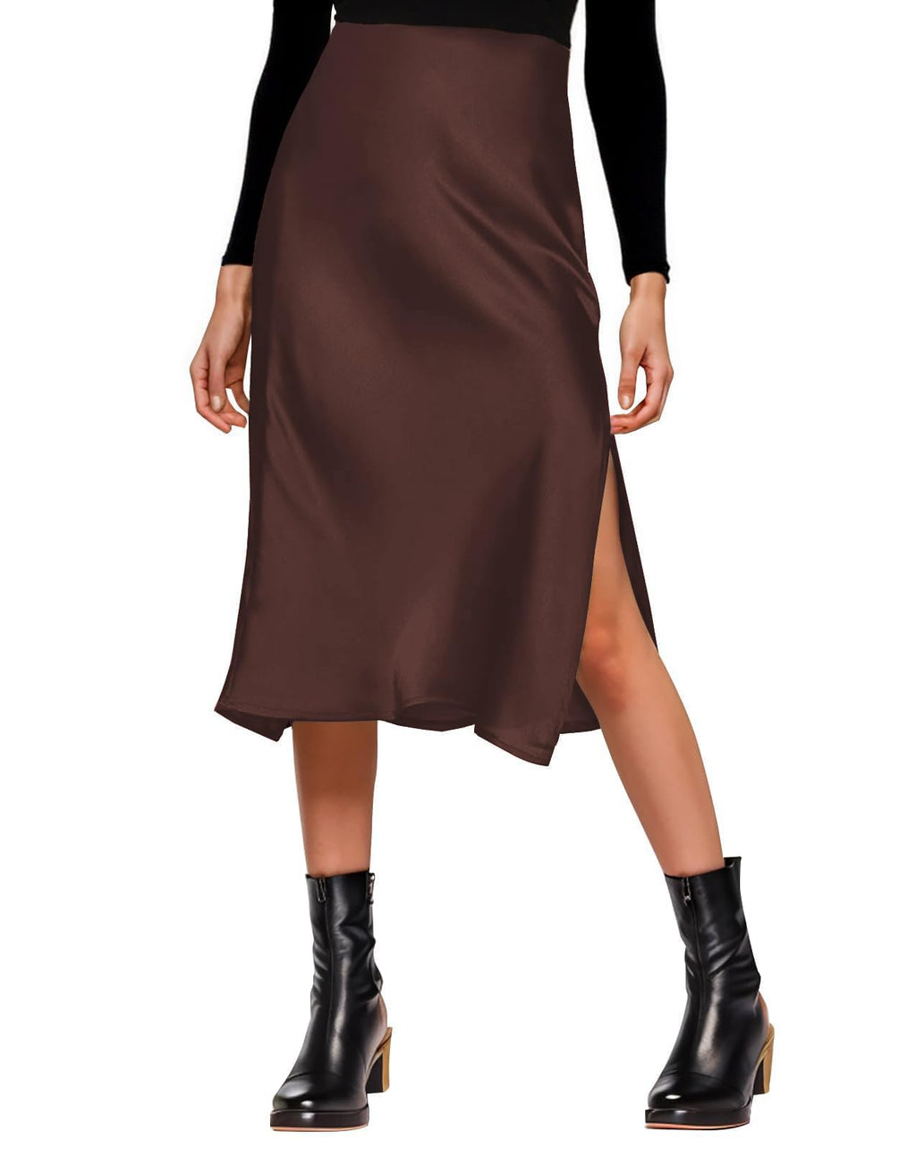 Amy Babe Womens Satin Silk High Waist Slit Midi Skirt Elastic Waistband Midi Skirts for Women