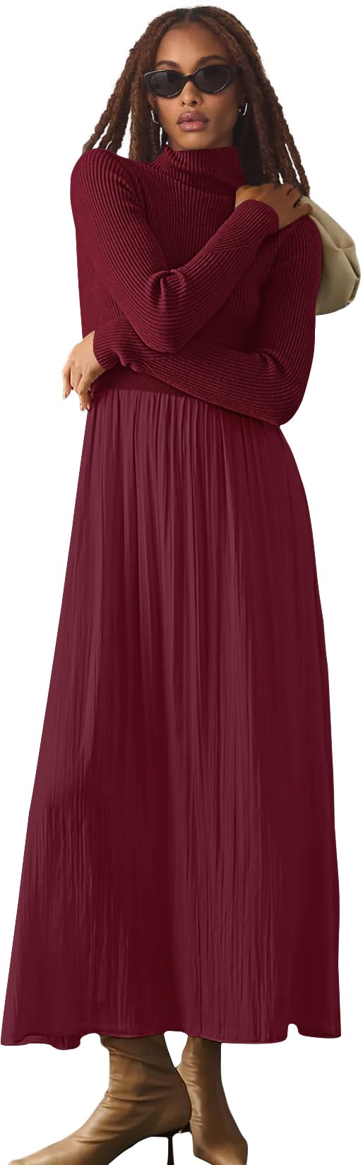 Womens Fall Mock Turtleneck Long Sleeve Ribbed Knit Pullover Tops Fashion Long Maxi Dress