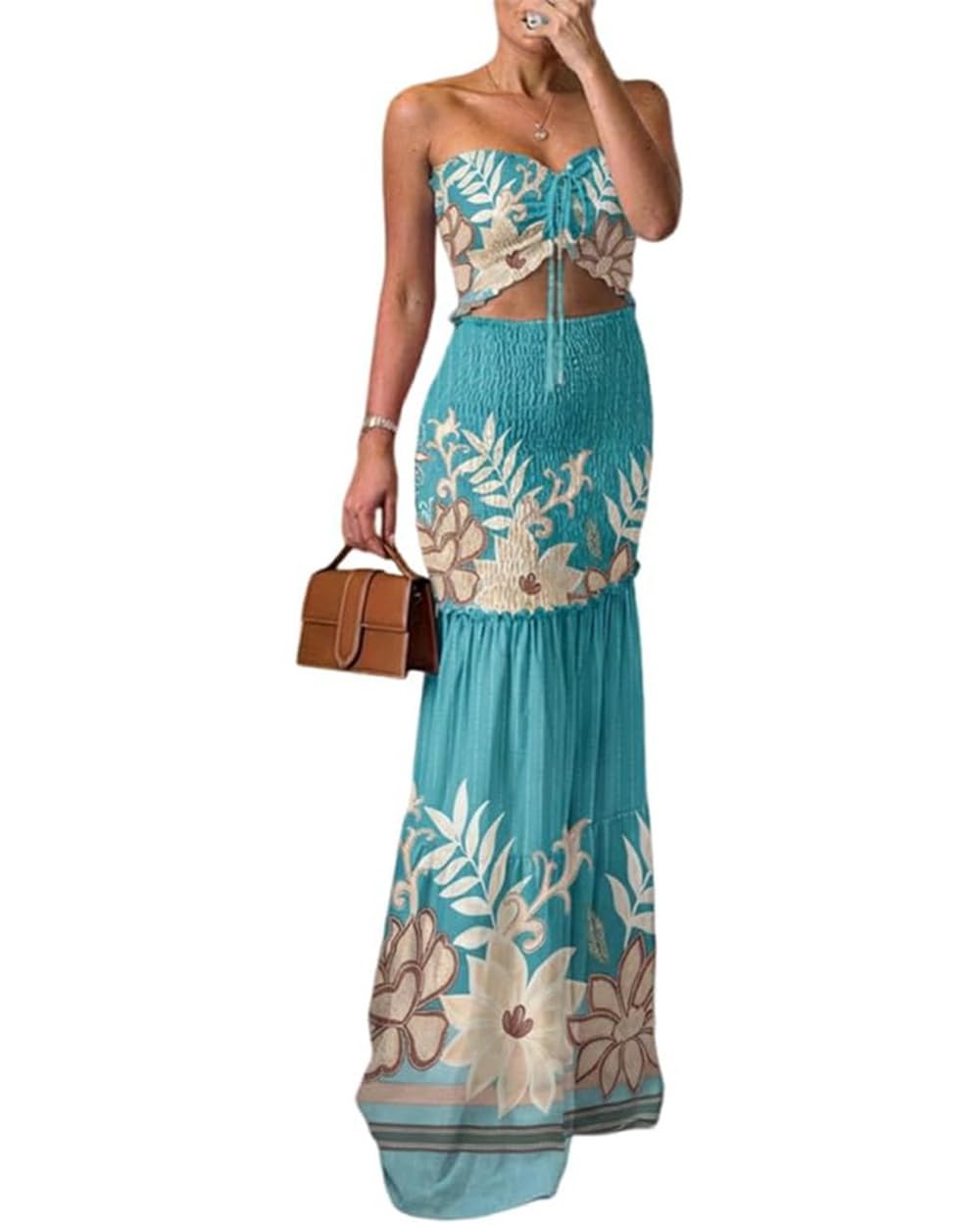 CHICME Floral Printed Vacation Dress Halter Tie Ruched Shirred Bandeau Party Dress Slim Ruffle Hem Wedding Guest Dress