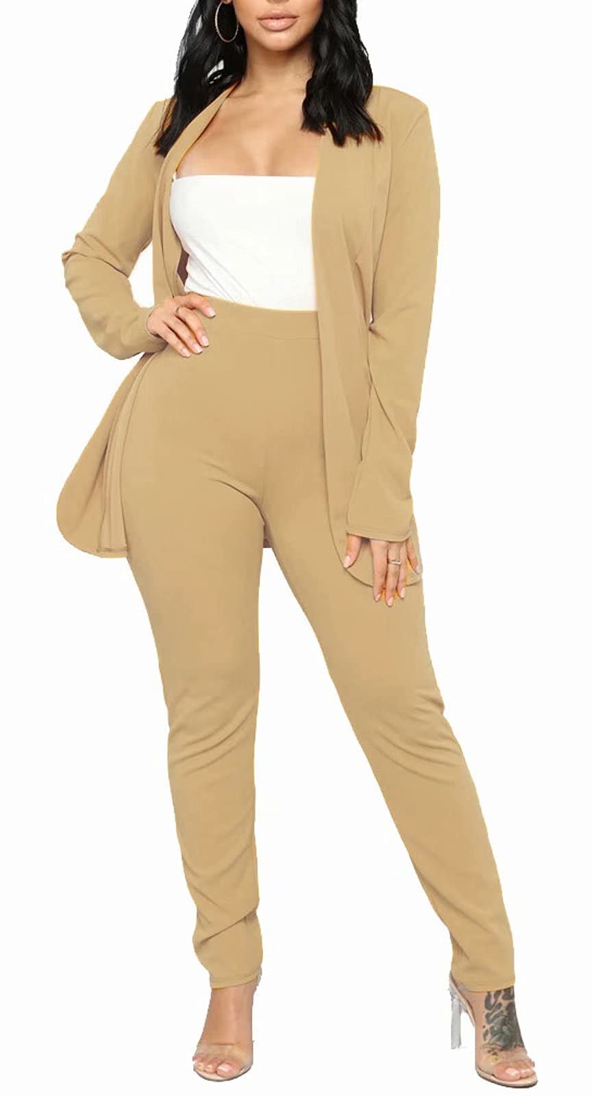 Aro Lora Women's 2 Piece Outfit Casual Solid Open Front Blazer and Pencil Pant Suits Set