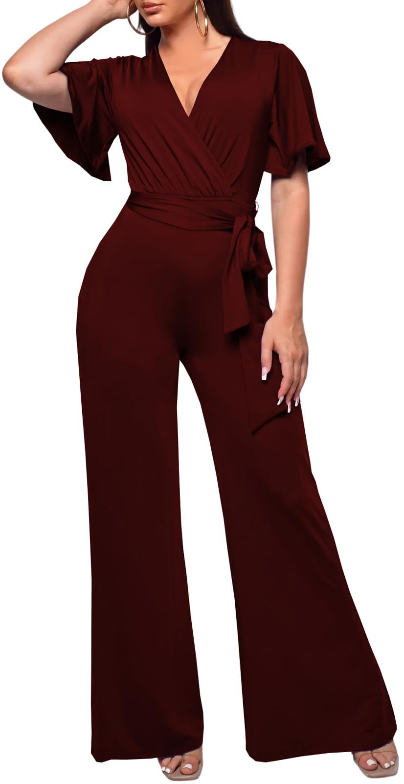 PaladMom Womens Elegant Plus Size Jumpsuits Sexy Back zipper Short Sleeve Mid Waist Wide Leg Straight Rompers