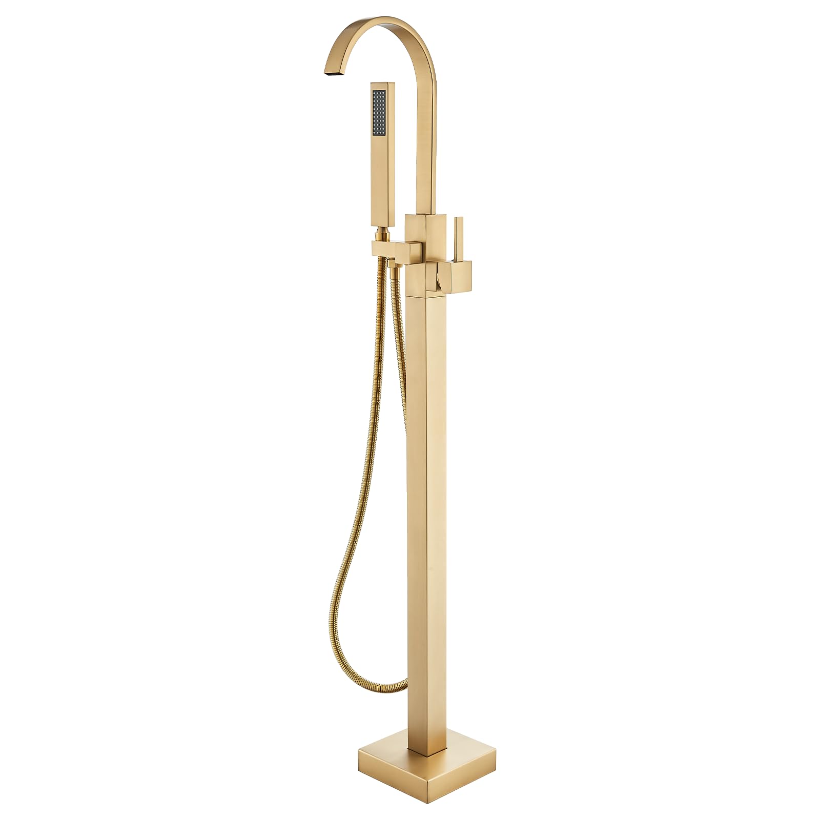 Brushed Gold Freestanding Bathtub Faucet with Hand Shower Tub Filler Faucet Floor Mounted High Flow Single Handle Bath Filler Solid Brass