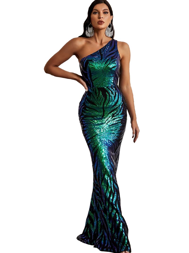 Giffniseti Women's One Shoulder Holographic Sequin Dresses Evening Gown Formal Prom Maxi Dress