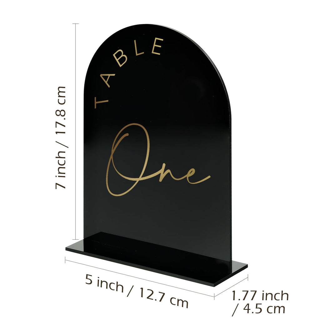 Black Arched Wedding Table Numbers 1-10 with Stands, 5x7 Inch Black Arch Acrylic Sign with Gold Letters, Acrylic Table Numbers for Wedding Reception