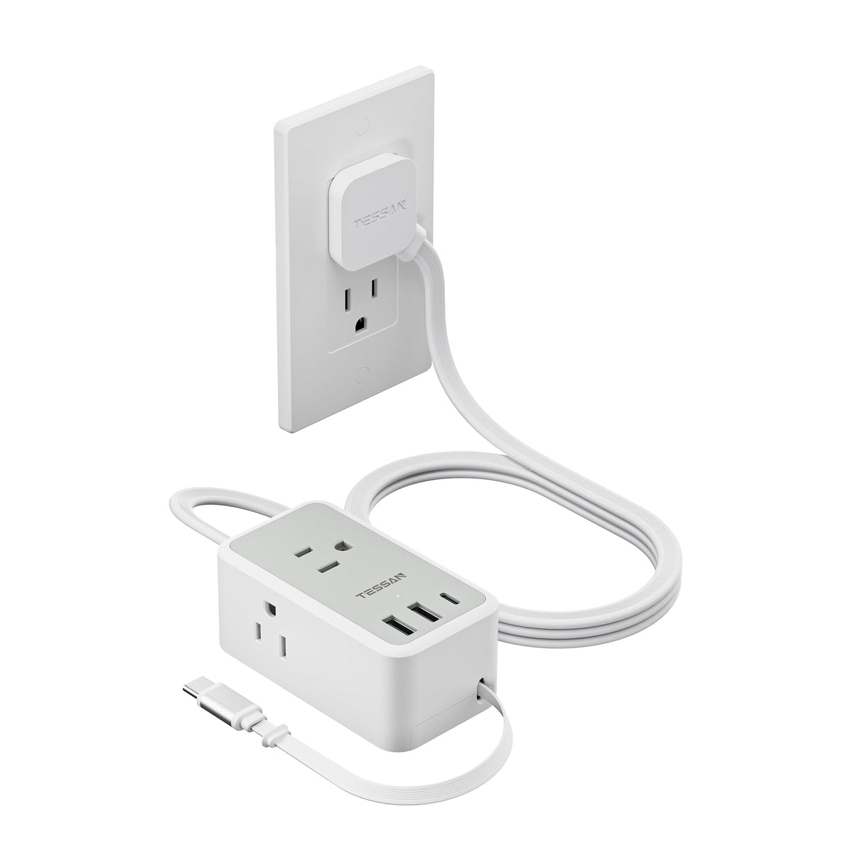 TESSAN Small Flat Plug Power Strip, Ultra Thin Extension Cord 5 ft, 3 AC Outlets with 3 USB Ports (1 USB C), Multiple Wall Outlet Extender for Cruise Travel Office School Dorm Room Essentials, Black