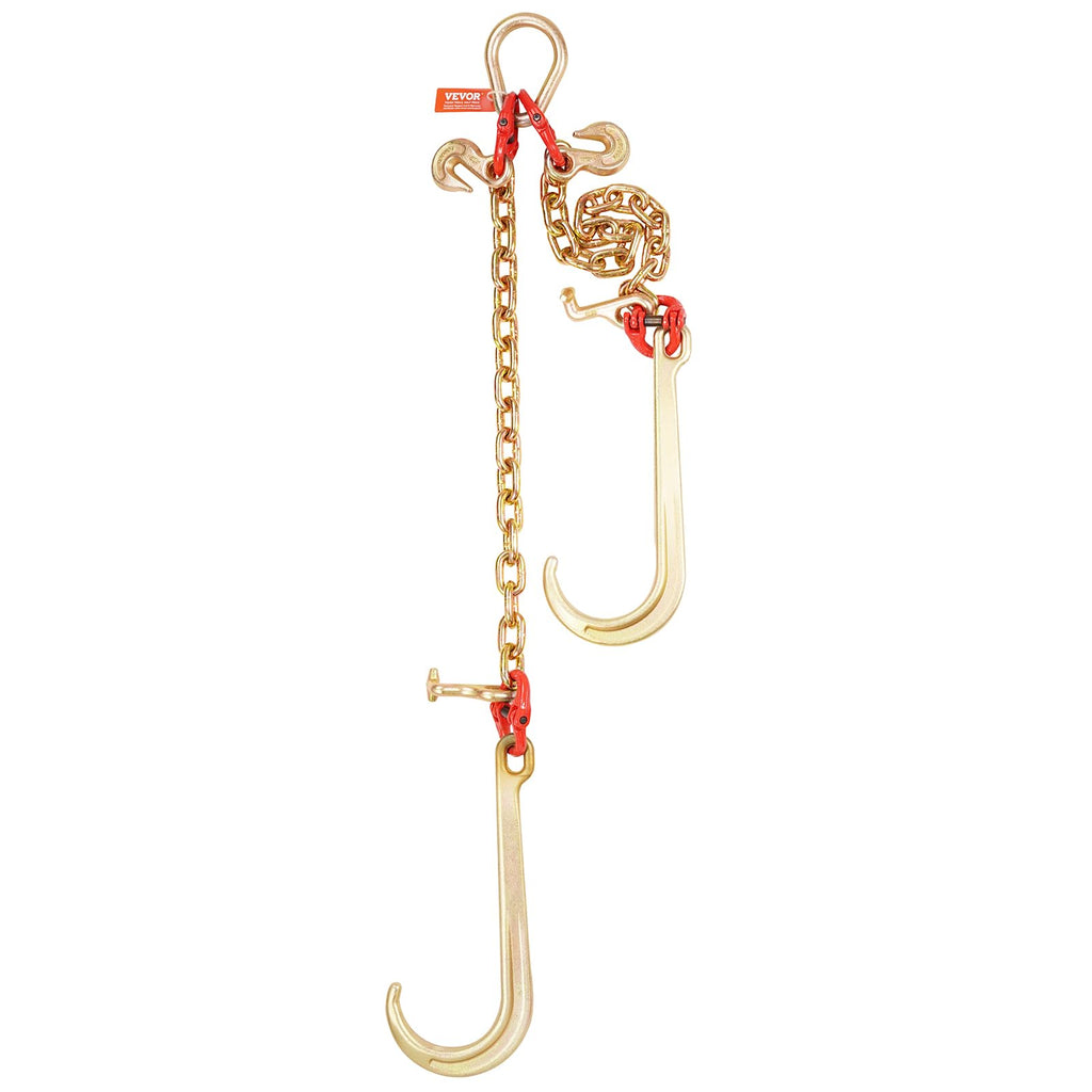VEVOR G80 V Bridle Chain, 3/8" x 2' Towing Chain Bridle with 15" J Hooks, T Hooks & Grab Hooks, Heavy Duty Transport Tow Chain Bridle with 7800 lbs Safe Working Load for Flatbed Truck Wrecker Recovery