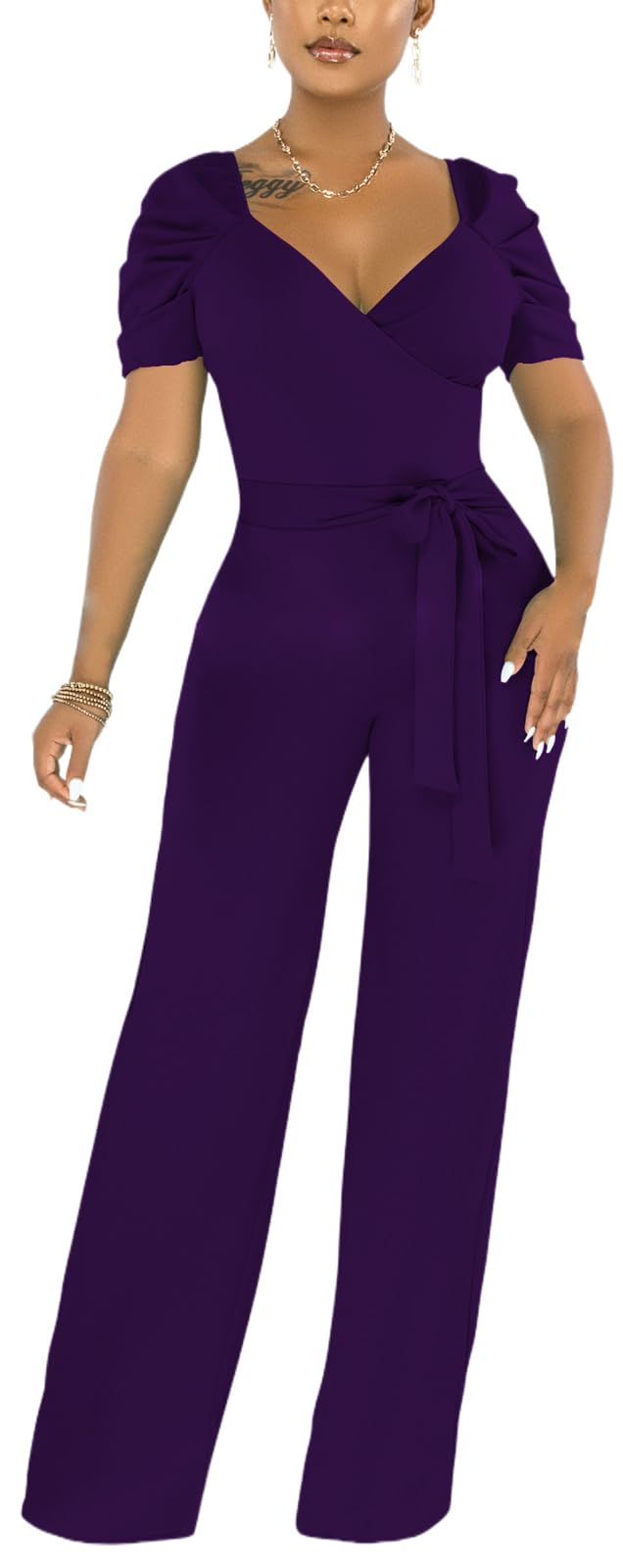 PaladMom Womens Elegant Plus Size Jumpsuits Sexy Back zipper Short Sleeve Mid Waist Wide Leg Straight Rompers