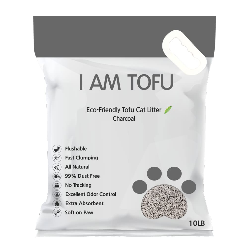 I AM TOFU - Natural Flushable Tofu Cat Litter, Low Dust Lightweight Clumping Litter, Odor Control (10 lb Bag, Charcoal)