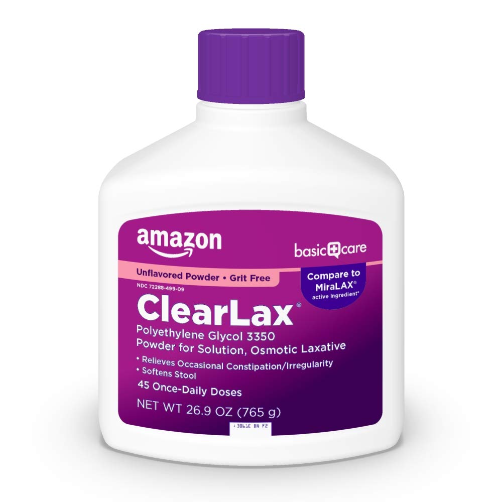 Amazon Basic Care ClearLax Polyethylene Glycol 3350 Powder for Solution, Orange Flavor, Osmotic Laxative, Stool Softener, Relieves Occasional Constipation, 8.3 ounce (Pack of 1)
