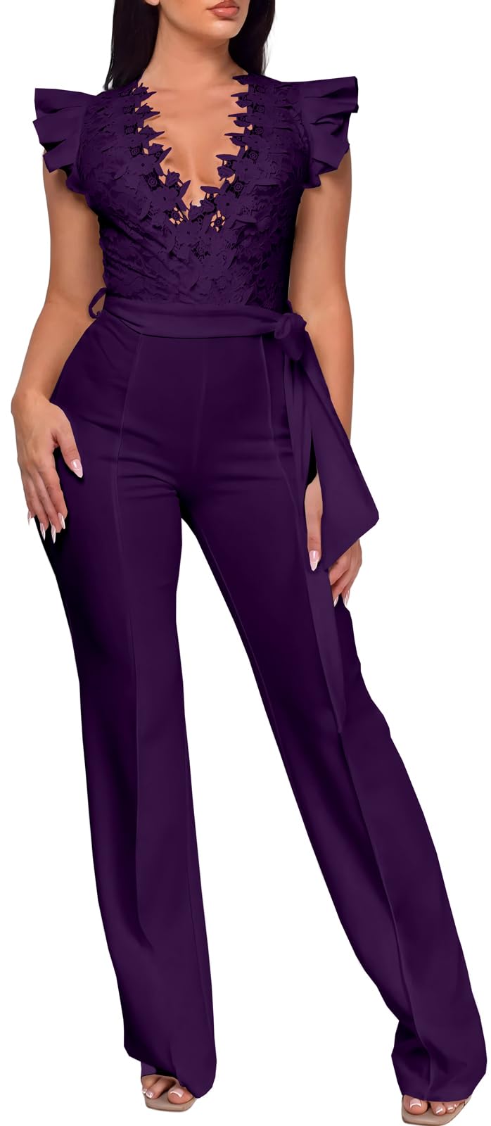 PaladMom Womens Elegant Plus Size Jumpsuits Sexy Back zipper Short Sleeve Mid Waist Wide Leg Straight Rompers