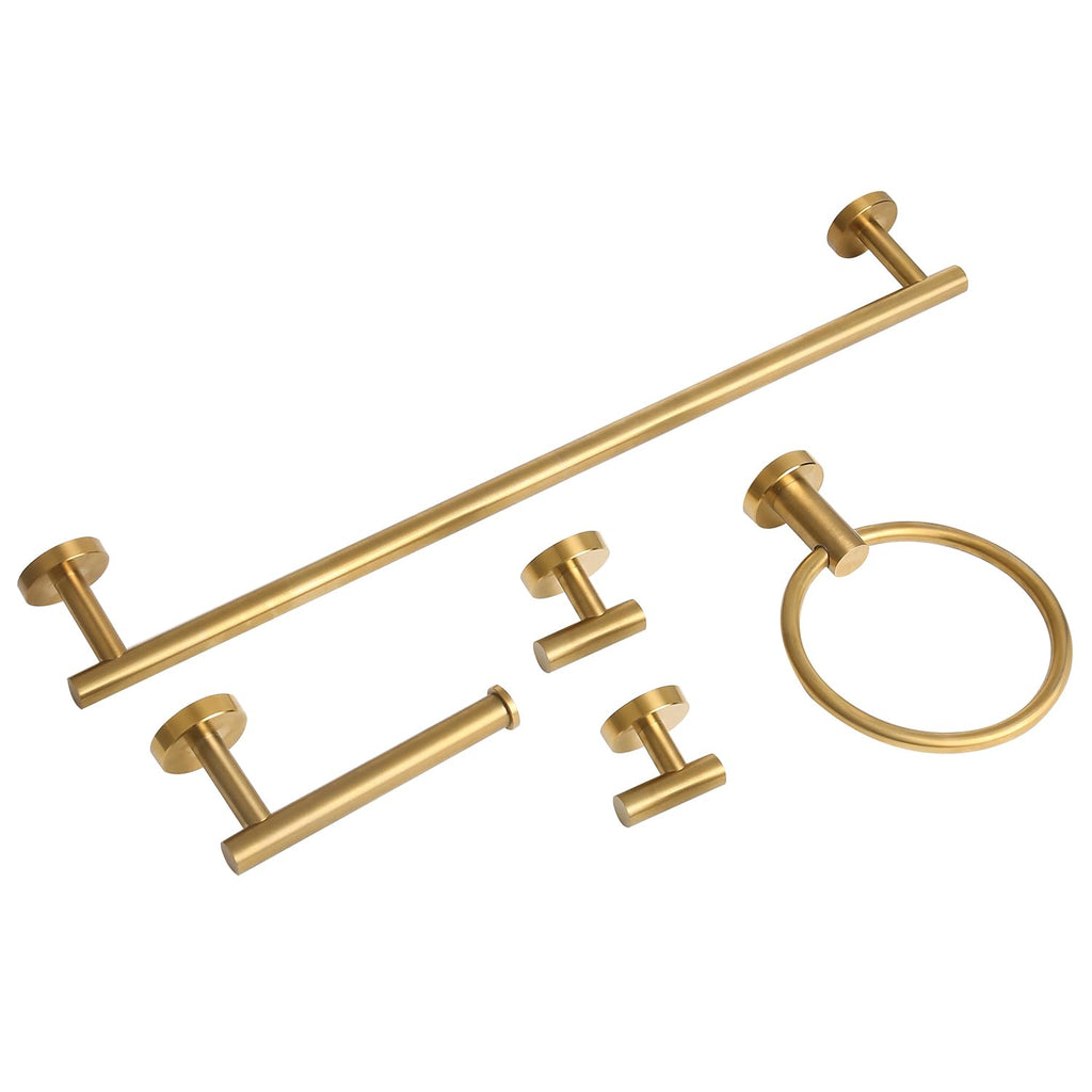 Brushed Gold Bathroom Hardware Accessories Set 5 Piece, Stainless Steel Bath Towel Bar Set 24 Inch,Toilet Paper Holder,Towel Ring Holder,Towel Rack Set,Gold Bathroom Accessories Kit