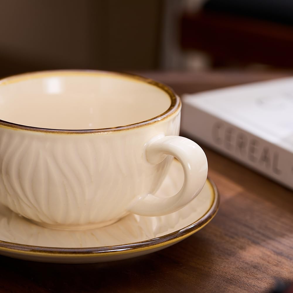 Coffeezone Vintage Design 12 oz Ceramic Latte Art Cappuccino Barista Cup with Saucer (Beige)
