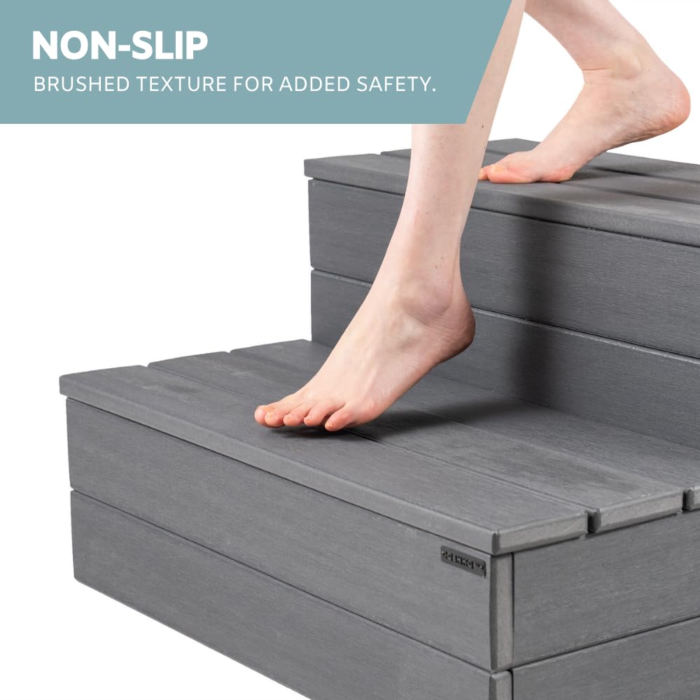 DENKOE Hot Tub Steps - Wood Looking Plastic - 100% Waterproof - Brown Non Slip, Heavy Duty, Multi Use as Porch Steps, Hot Tub Stairs, Outdoor Stairs, Fits Any Spa Size